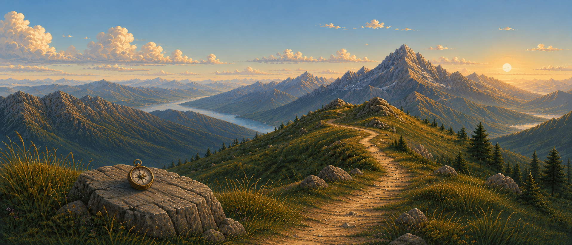 Pixel-art view of a mountain trail leading toward a sunlit peak, with a compass resting on a rock